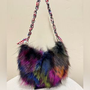 Colorful Fox Fur Handmade Half Moon Shoulder Bag/Crossbody Bag with 2 Straps